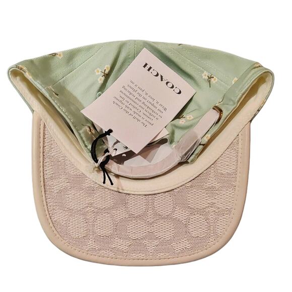 COACH Green Floral Baseball Hat Leather Trim Adjustable - Picture 3 of 4